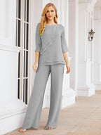 Robe de mariée élégante pour la mère de la mariée en deux pièces, tailleur pantalon grande taille à volants superposés, peignoir argenté 28064