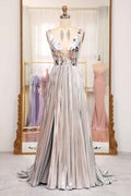 Sparkly A Line Deep V Neck Silver Polyester Prom Dress With Beading