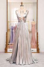 Sparkly A Line Deep V Neck Silver Polyester Prom Dress With Beading