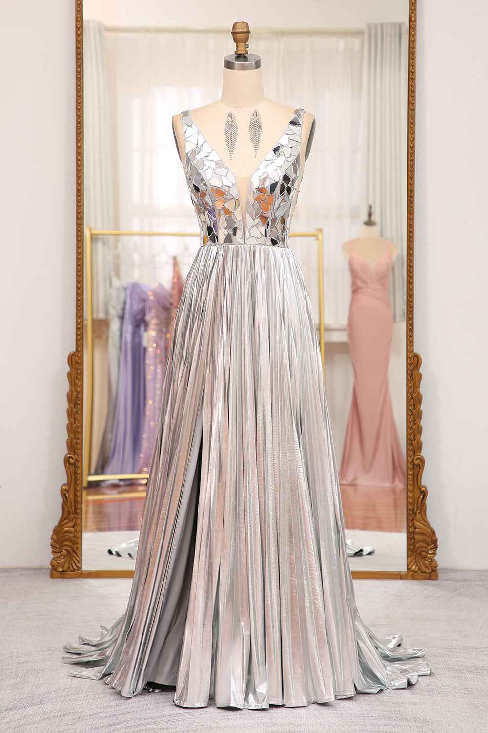 Sparkly A Line Deep V Neck Silver Polyester Prom Dress With Beading
