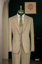 Beige Linen Blend Three Piece Tailored Wedding Suit For Groom And Groomsmen