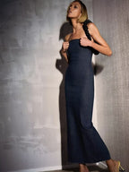 Sexy trägerloses, rückenfreies Reißverschluss-Split-Kleid, Party-Blue-Denim-Kleid für Damen, langes Kleid für Damen, Sommer-Abendkleider 