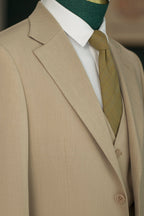 Beige Linen Blend Three Piece Tailored Wedding Suit For Groom And Groomsmen