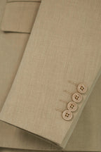 Beige Linen Blend Three Piece Tailored Wedding Suit For Groom And Groomsmen