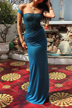Jacquard Patchwork Ruched Slim Fit Sleeveless Maxi Dresses-Blue Pre Order