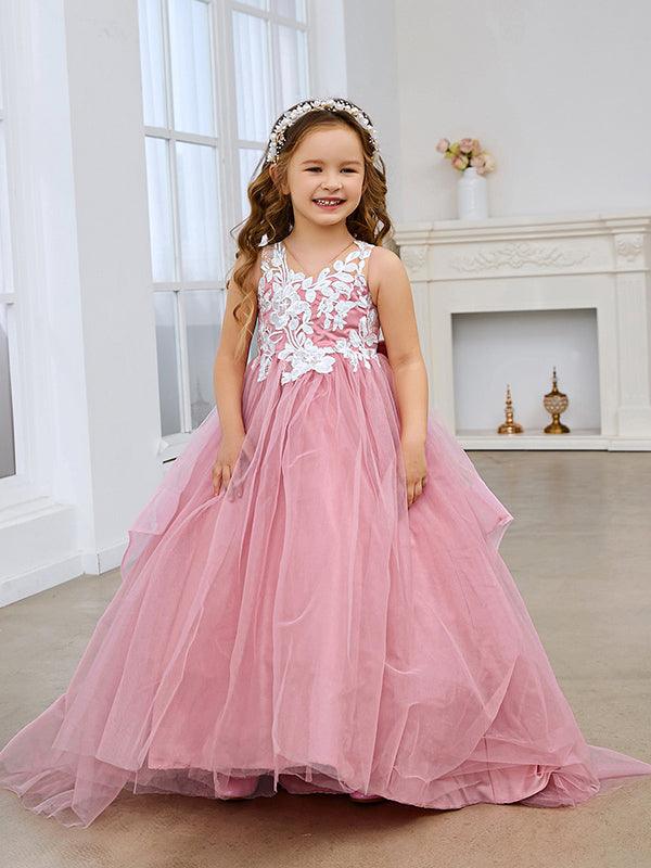 Pink Princess Flower Girl Dress With Sleeveless Tulle And Lace