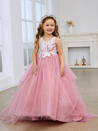 Pink Princess Flower Girl Dress With Sleeveless Tulle And Lace