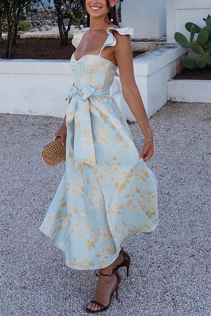 Barockes, florales, süßes, gesmoktes Korsett-Midikleid mit Rüschen auf der Rückseite 