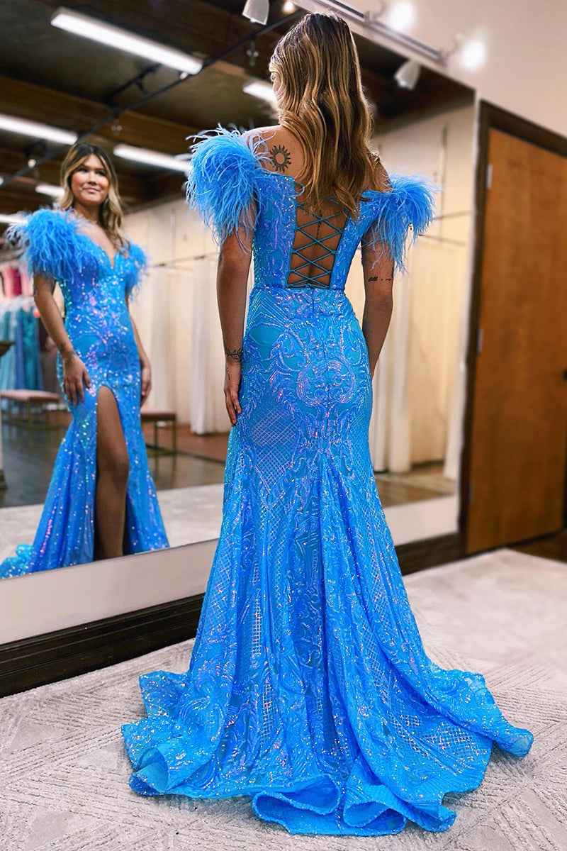 Royal Blue Off Shoulder Mermaid Sequin Prom Dress With Feather