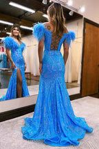 Royal Blue Off Shoulder Mermaid Sequin Prom Dress With Feather