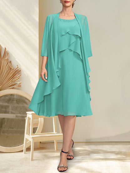 A-Linie U-Ausschnitt Knielang Chiffon Kleid für die Brautmutter mit Perlenbesatz