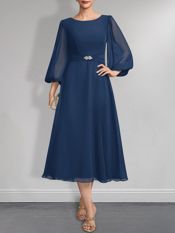 A-Linie U-Ausschnitt Wadenlang Chiffon Mutter der Braut Kleid Mit Kristall Brosche Plissee