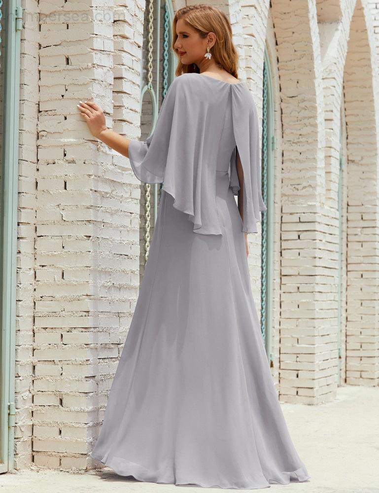Abito da Damigella Donna Manica Lunga Scollatura a V Chiffon Abito da Cerimonia Matrimonio Festa 28018