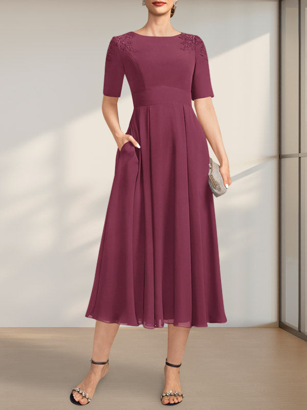 A-Linie U-Ausschnitt Wadenlang Chiffon Kleid für die Brautmutter mit Applikationen Spitze Pailletten