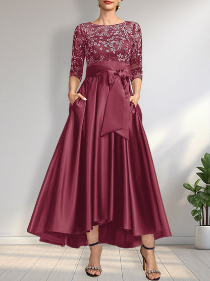 A-Linie U-Ausschnitt Illusion Asymmetrisch Satin Spitze Mutter der Braut Kleid mit Schleife