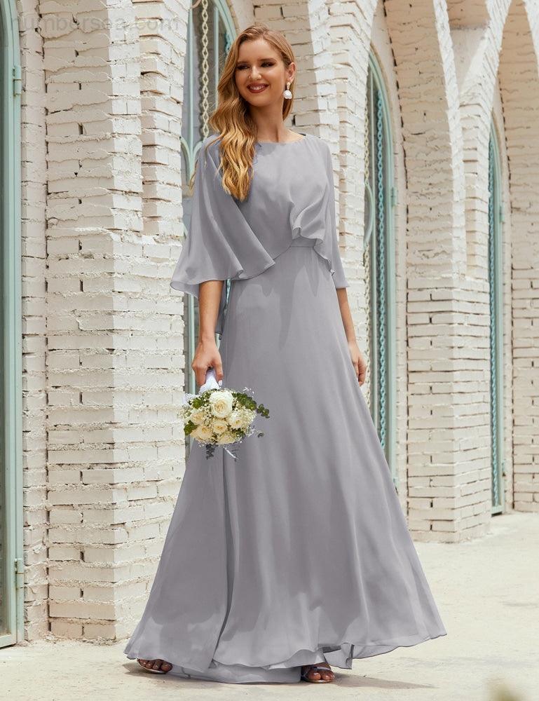 Abito da Damigella Donna Manica Lunga Scollatura a V Chiffon Abito da Cerimonia Matrimonio Festa 28018