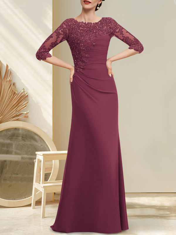 Robe de mère de la mariée en mousseline et dentelle, longueur au sol, en ligne A, décolleté en U, ornée de perles et de paillettes plissées