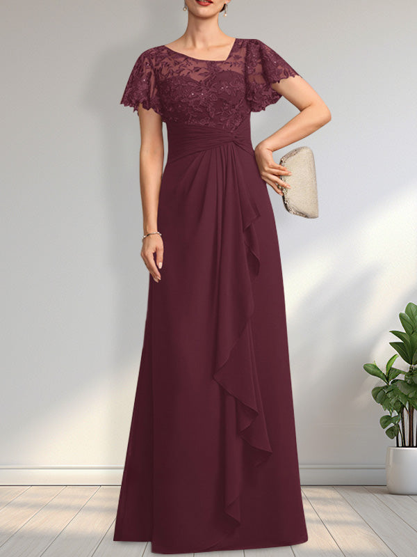 Robe de mère de la mariée en dentelle et mousseline, longueur au sol, illusion asymétrique en ligne A, avec volants en cascade et paillettes