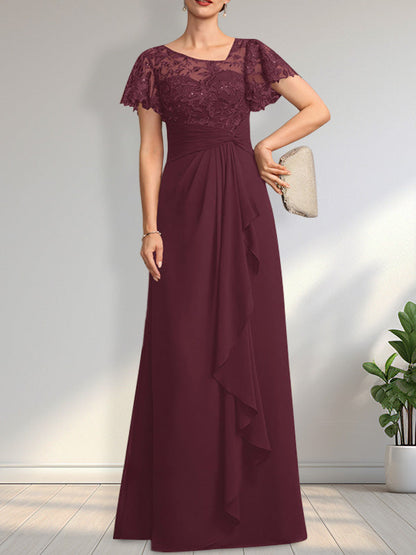 Vestido de madre de la novia de gasa con encaje, ilusión asimétrica, largo hasta el suelo, con volantes en cascada y lentejuelas. 