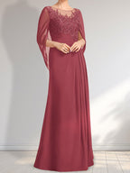 Robe de mère de la mariée en dentelle et mousseline, longueur au sol, coupe trapèze, décolleté illusion en forme de goutte, ornée de sequins plissés