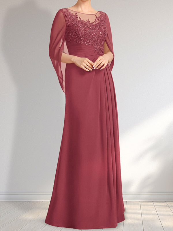 Robe de mère de la mariée en dentelle et mousseline, longueur au sol, coupe trapèze, décolleté illusion en forme de goutte, ornée de sequins plissés