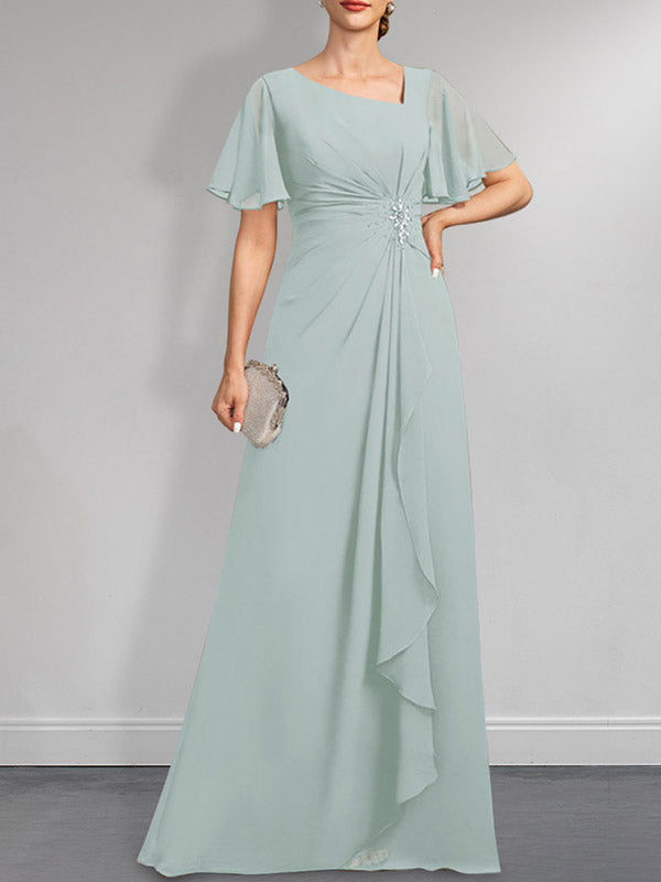 Robe de mère de la mariée en mousseline asymétrique longue jusqu'au sol, coupe en A, ornée de perles plissées et de paillettes