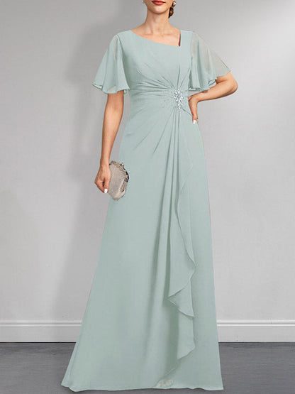 Vestido de gasa para madre de la novia, corte A, asimétrico, largo hasta el suelo, con lentejuelas y cuentas plisadas