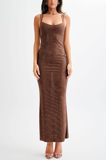 Vestido largo elástico con espalda abierta y tirantes de malla y lentejuelas de fantasía de medianoche 