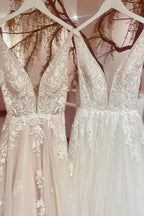 Elegant Backless Long A Line V Neck Wedding Dress With Tulle Lace
