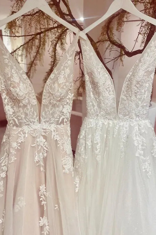 Elegant Backless Long A Line V Neck Wedding Dress With Tulle Lace