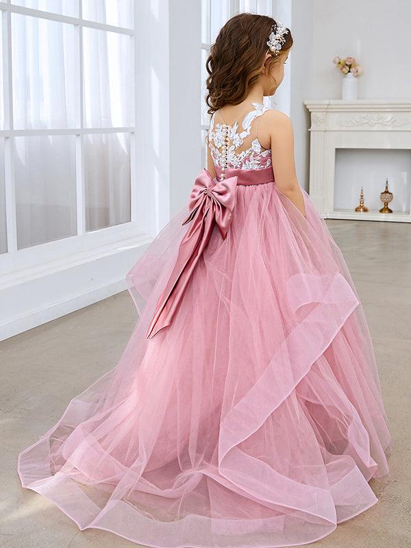 Pink Princess Flower Girl Dress With Sleeveless Tulle And Lace