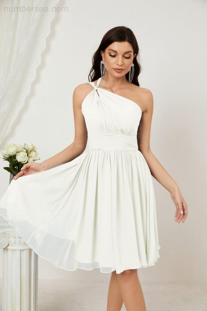 Numbersea Damen Chiffon Kurzes Ein-Schulter Brautjungfernkleid Festliche Kleider für Feier Heimkehr 2804