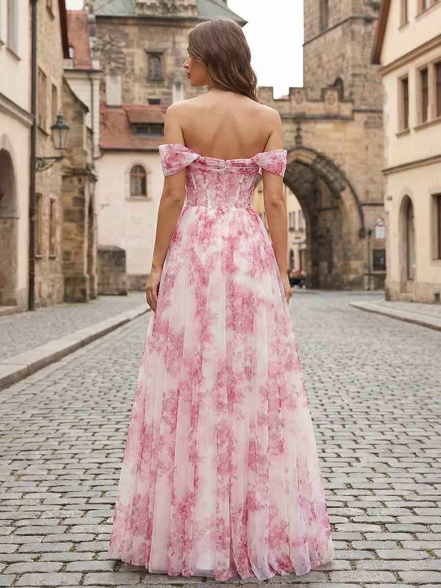 Pink Floral Off The Shoulder Corset A Line Long Prom Dress
