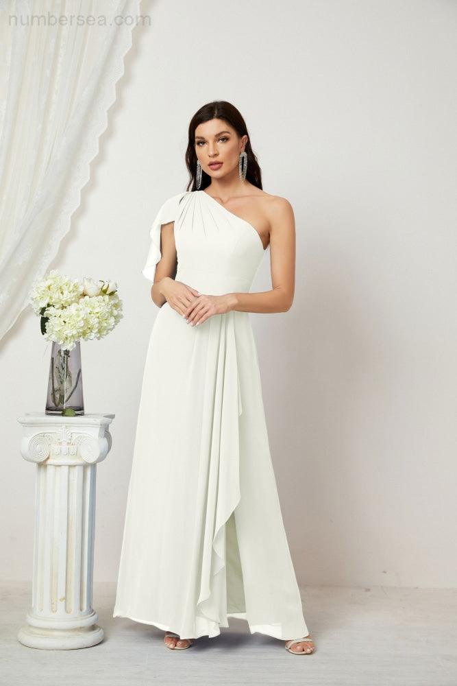 Abito da Sera Formale A-line con Spalla Singola e Balze in Chiffon, Spacco Laterale, per Damigelle, Modello 2809