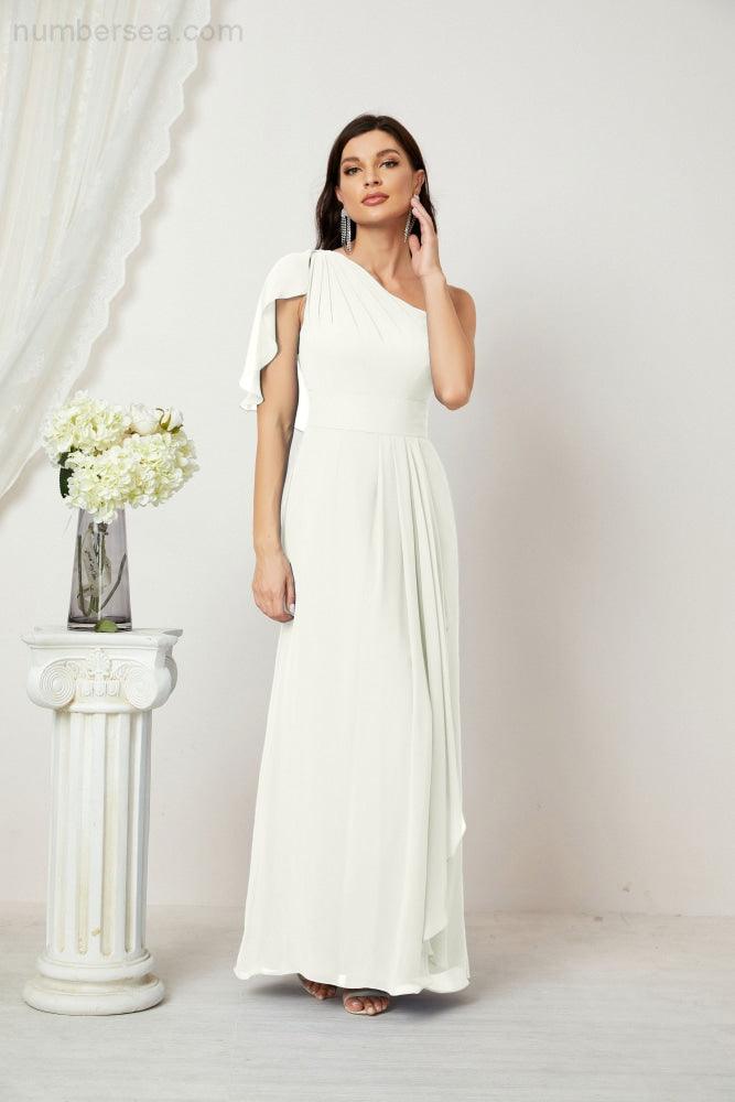 Abito da Sera Formale A-line con Spalla Singola e Balze in Chiffon, Spacco Laterale, per Damigelle, Modello 2809