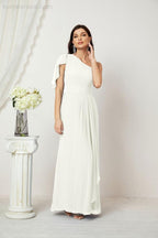 Abito da Sera Formale A-line con Spalla Singola e Balze in Chiffon, Spacco Laterale, per Damigelle, Modello 2809