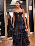 Black Tiered Hollow Out Mermaid Strapless Prom Dress 2026