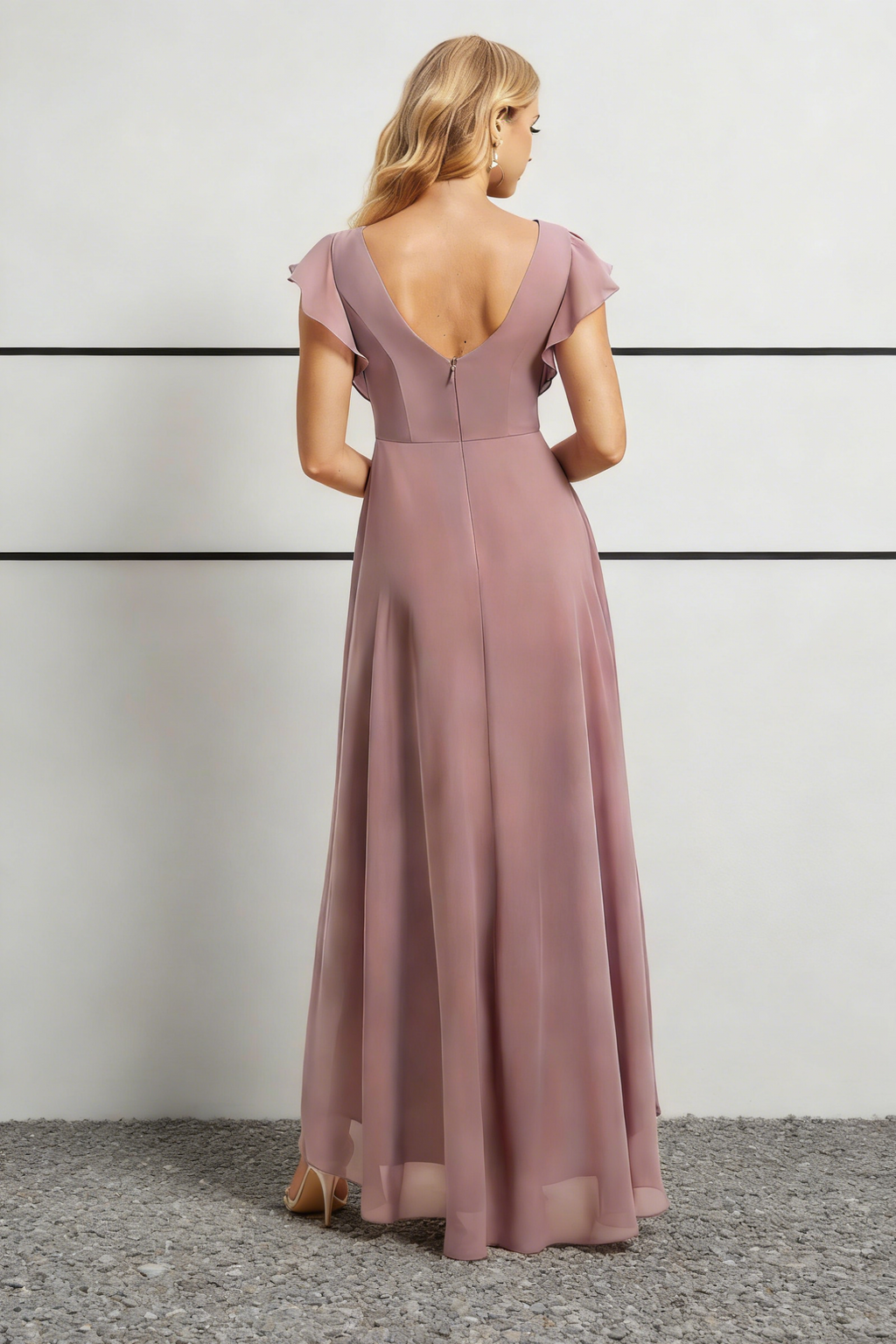 Robe midi en mousseline rose poussiéreux à encolure bateau, ourlet asymétrique, manches volantées et dos en V