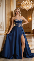 Vestido Corset Azul Marinho Sem Alças Com Corpete Com Contas E Cauda Com Fenda Alta