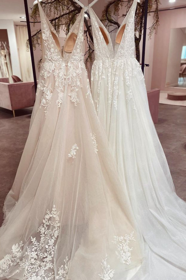 Elegant Backless Long A Line V Neck Wedding Dress With Tulle Lace