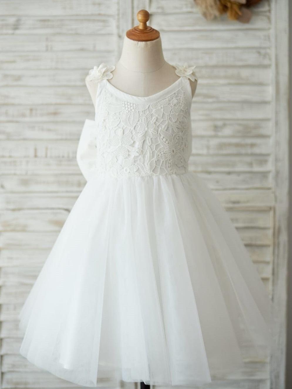 Ivory Lace Tulle Knee Length 3D Flower Girl Dress With V Back