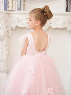Princess Sleeveless Tulle Flower Girl Dress With Beading And Feather Bow