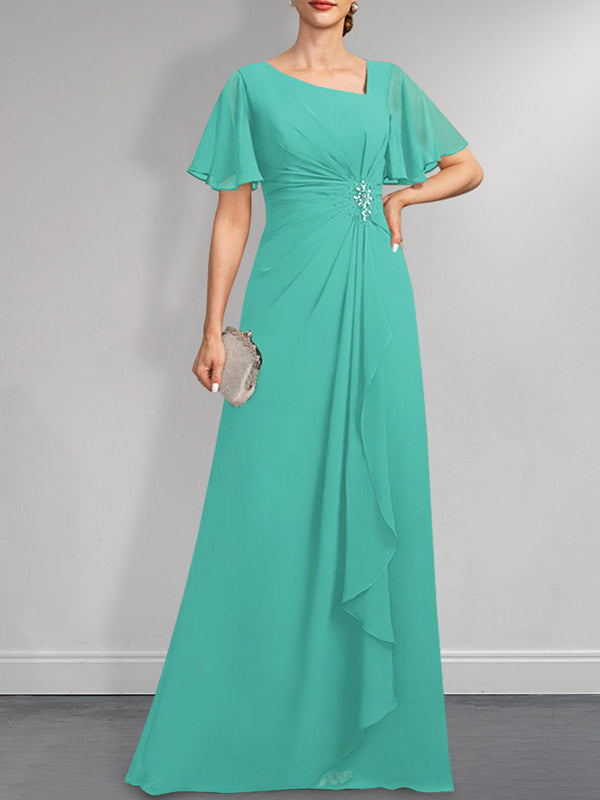 Robe de mère de la mariée en mousseline asymétrique longue jusqu'au sol, coupe en A, ornée de perles plissées et de paillettes