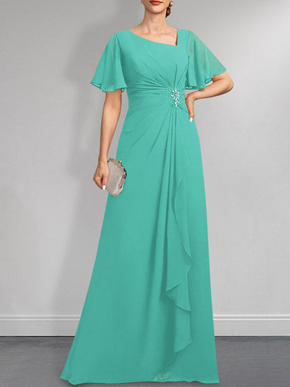Vestido de gasa para madre de la novia, corte A, asimétrico, largo hasta el suelo, con lentejuelas y cuentas plisadas