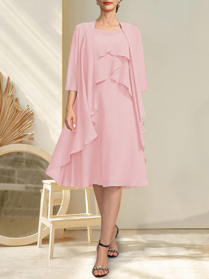 A-Linie U-Ausschnitt Knielang Chiffon Kleid für die Brautmutter mit Perlenbesatz