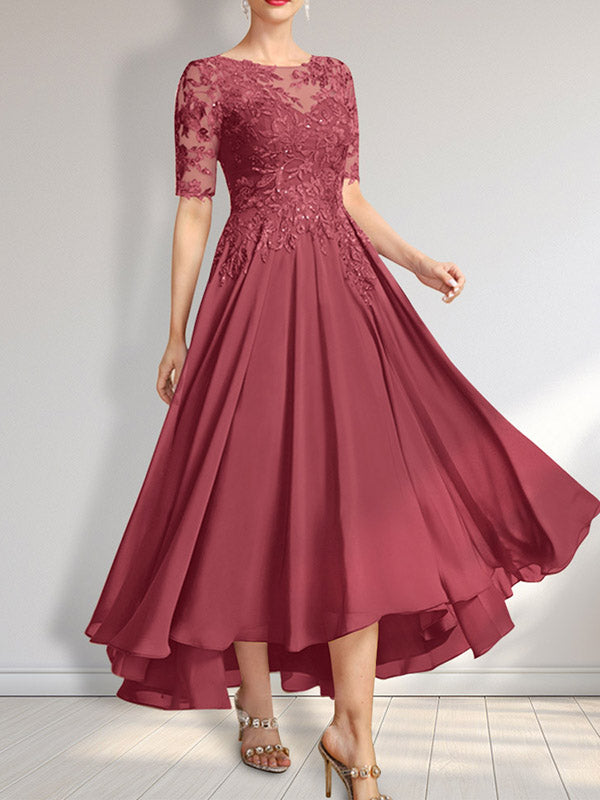 Robe de mère de la mariée en mousseline et dentelle asymétrique illusion à encolure dégagée, coupe en A, ornée de paillettes
