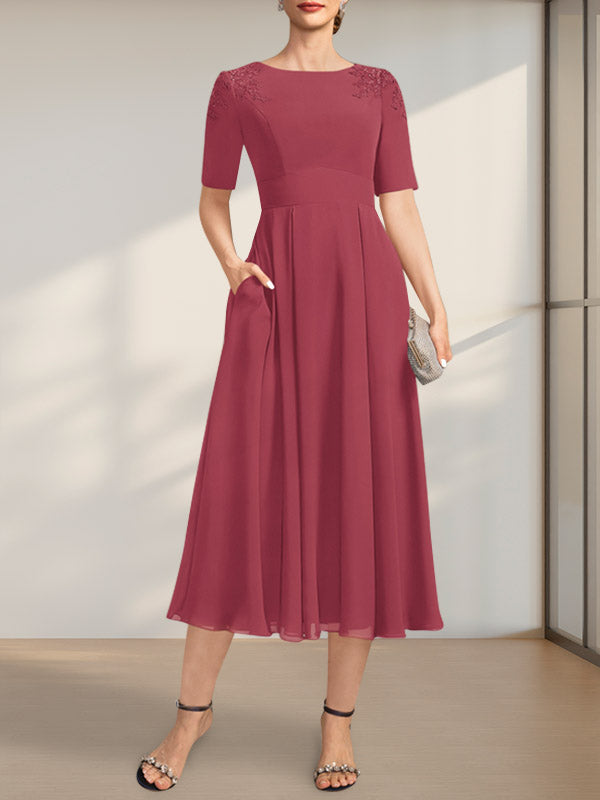 A-Linie U-Ausschnitt Wadenlang Chiffon Kleid für die Brautmutter mit Applikationen Spitze Pailletten