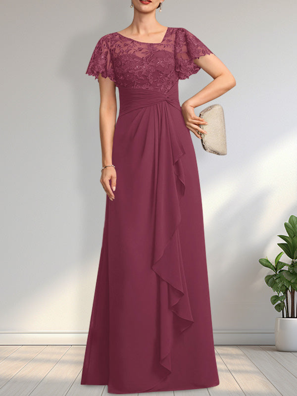 Vestido de madre de la novia de gasa con encaje, ilusión asimétrica, largo hasta el suelo, con volantes en cascada y lentejuelas. 