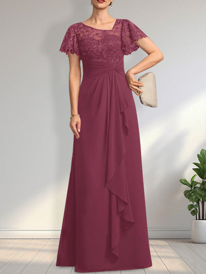 Vestido de madre de la novia de gasa con encaje, ilusión asimétrica, largo hasta el suelo, con volantes en cascada y lentejuelas. 