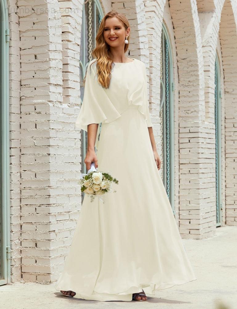 Abito da Damigella Donna Manica Lunga Scollatura a V Chiffon Abito da Cerimonia Matrimonio Festa 28018